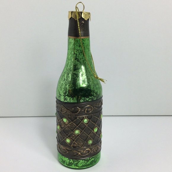 Wine Bottle Christmas Holiday Glass Ornament With Stones Green Ornate 6" Hanging - Picture 10 of 12